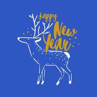 Happy New Year holiday wish handwritten with cursive decorative calligraphic font. Written festive text message or lettering decorated with hand drawn reindeer. Creative elegant illustration. vector