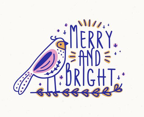 Merry and Bright festive lettering handwritten with decorative calligraphic font. Written holiday wish decorated with cute bird sitting on branch. Seasonal illustration for Christmas postcard.