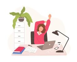 Smiling woman sitting at desk with laptop taking rest and stretching herself. Female office worker or clerk having short break during work at computer. illustration in flat cartoon style. vector