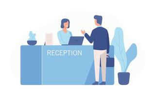 Male customer standing at reception desk and talking to female receptionist. Scene of visit to service center isolated on white background. Colorful illustration in flat cartoon style. vector