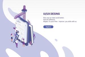 Horizontal web banner template with group of tiny people creating application design on giant tablet PC. User interface and experience engineering. Colorful modern isometric illustration. vector