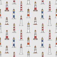 Seamless pattern with lighthouses of various types on light background. Backdrop with towers or constructions for marine navigation. Colored illustration for wrapping paper, textile print. vector