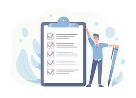 Smiling guy standing beside giant check list and holding pen. Concept of successful goal achievement, productive daily planning and task management. Colorful illustration in flat cartoon style. vector