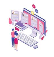 Pair of tiny people standing in front of giant computer screen and looking through job applications isolated on white background. Concept of personnel recruitment. Isometric illustration. vector