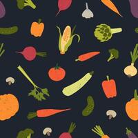 Trendy seamless pattern with delicious vegetables or harvested crops scattered on black background. Backdrop with wholesome vegan food products. illustration for fabric print, wrapping paper. vector