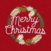 Merry Christmas inscription handwritten with elegant cursive font inside wreath or round frame made of coniferous tree branches and holly plants. Decorative holiday composition. illustration. vector