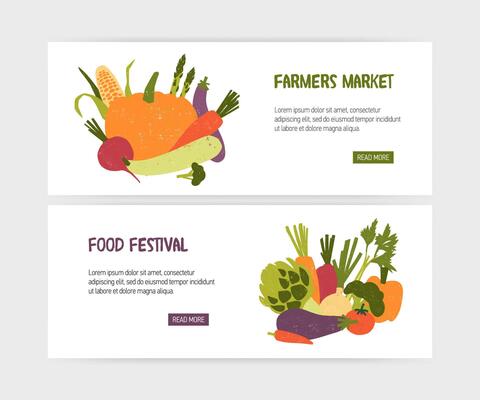Set of web banner templates with tasty organic vegetables and place for text on white background. Colorful modern illustration for vegan food festival promo or farm market advertisement.