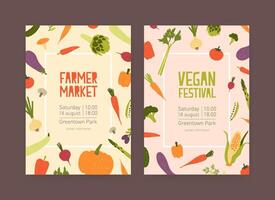 Set of flyer or invitation templates for farmer market and vegan food festival with frames made of fresh ripe vegetables and place for text. Colorful modern illustration for event announcement. vector