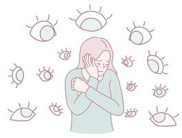 An individual filled with anxiety is encircled by a multitude of observing eyes all around vector