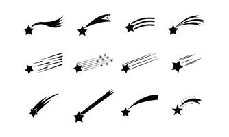 Set of shooting stars. Black shooting stars isolated on white background. Falling stars set with different tails. Icons of meteorites and comets. Graphic illustration for web design. vector