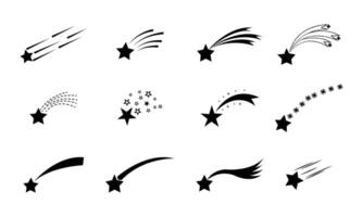 Set of shooting stars. Falling stars set with different tails. Icons of meteorites and comets. Black shooting star isolated on white background. Graphic illustration for web design. vector
