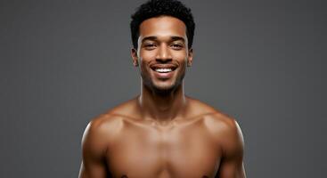 A shirtless man smiling and looking at the camera photo