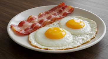 A plate of bacon and eggs on a table photo