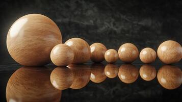 A row of wooden spheres, various sizes, on a reflective surface photo