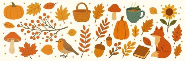 Rustic autumn illustration with seasonal elements like pumpkins, leaves, fox, and bird for a charming fall vibe vector