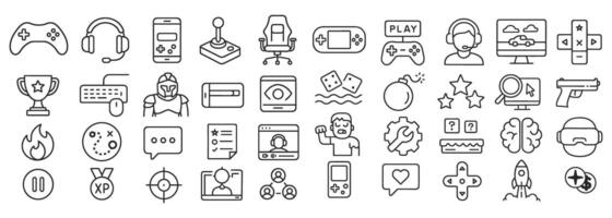 Line Art Icons Presenting Diverse Aspects of Digital Gaming and Virtual Entertainment Realms vector
