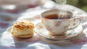 Warm tea and scone on a sunny day photo