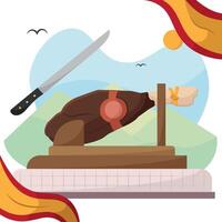 Spanish ham with slicing knife. vector