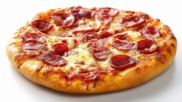 A pepperoni pizza on a white surface photo