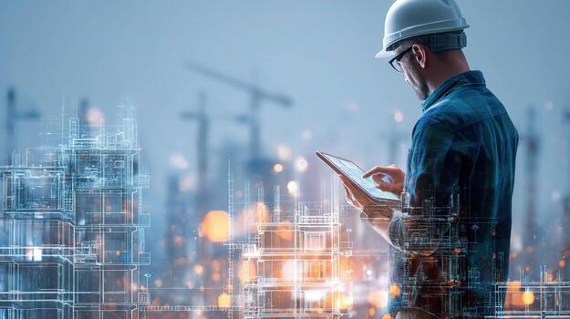 A man in a hard hat and helmet is using a tablet computer photo