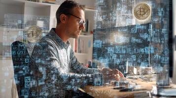 A man sitting at a desk with a bitcoin on his computer photo