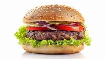 A hamburger with lettuce, tomato and onion photo