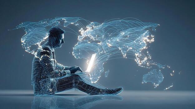 Businessman working on laptop in front of world map concept photo