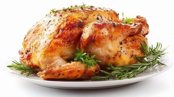 A roasted chicken on a white plate photo