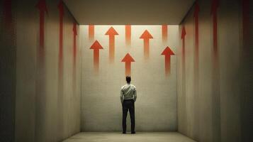 A man standing in front of a red arrow pointing up photo