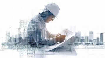 Architectural engineer working on a blueprint with cityscape in background photo
