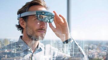 A man wearing a google glass looking at a city photo