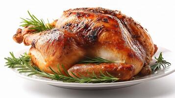 A roasted chicken on a plate with rosemary photo