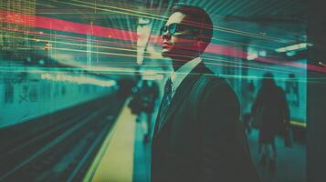 A man in a suit and tie standing in front of a train photo