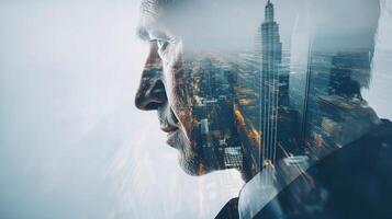 Double exposure of business man with city skyline photo