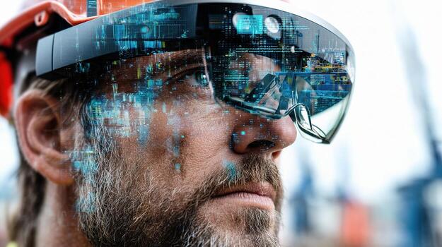 A man wearing a helmet with a digital image on his face photo