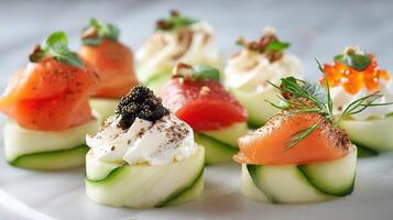 A plate of appetizers with cucumbers, salmon and cream photo