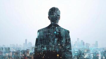 The man is standing in front of a cityscape photo