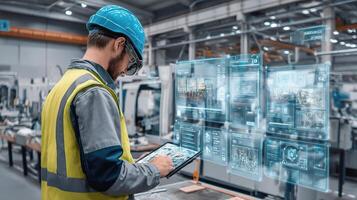 A man in a hard hat and safety vest is using a tablet photo