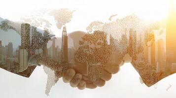 Businessman handshake with world map photo