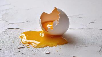 An egg shell is broken open on a white surface photo