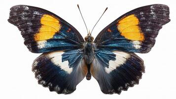 A butterfly with black, yellow and white markings photo