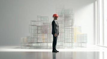 A man in a suit and hard hat standing in front of a building photo