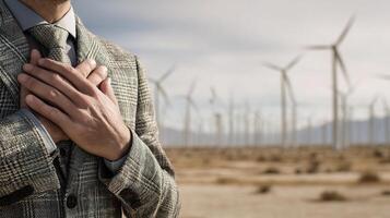 A man in a suit and tie standing in front of wind turbines photo