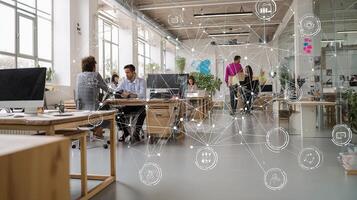 People working in an office with a network of icons photo