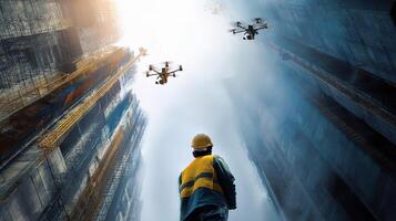 A man in a yellow hard hat stands in front of a building with drones flying above him photo