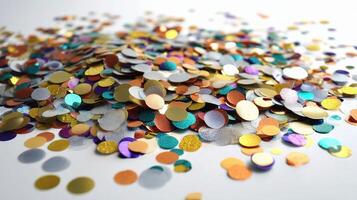 A pile of colorful confetti on a white surface photo