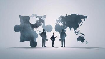 Businessman standing in front of puzzle pieces with world map photo