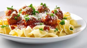 A white plate with pasta and meatballs photo