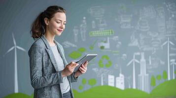 A woman in a business suit is holding a tablet computer with green energy icons photo