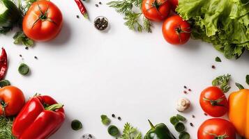 Fresh vegetables and herbs on white background photo